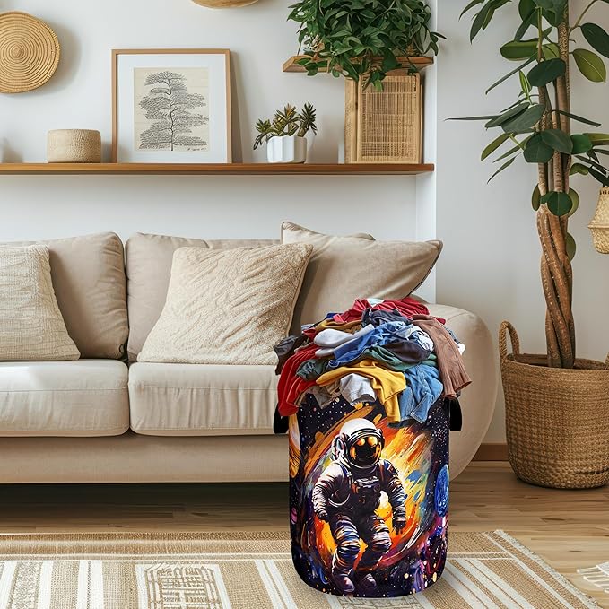Funny Astronaut Laundry Hamper Oxford Cloth Colorful Universe Planet Laundry Basket With Handle Portable Clothes Storage Basket Foldable Laundry Bag 18.9"x16.5" For Laundry Room/Bedroom/Bathrooms