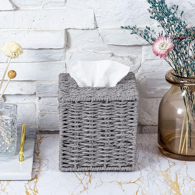 MyGift Gray Tissue Box Cover Square with Lid - Decorative Rattan Kleenex Holder, Woven Cube Tissue Holder for Bathroom Toilet Bedroom Living Room Kitchen Table Desk Office Car
