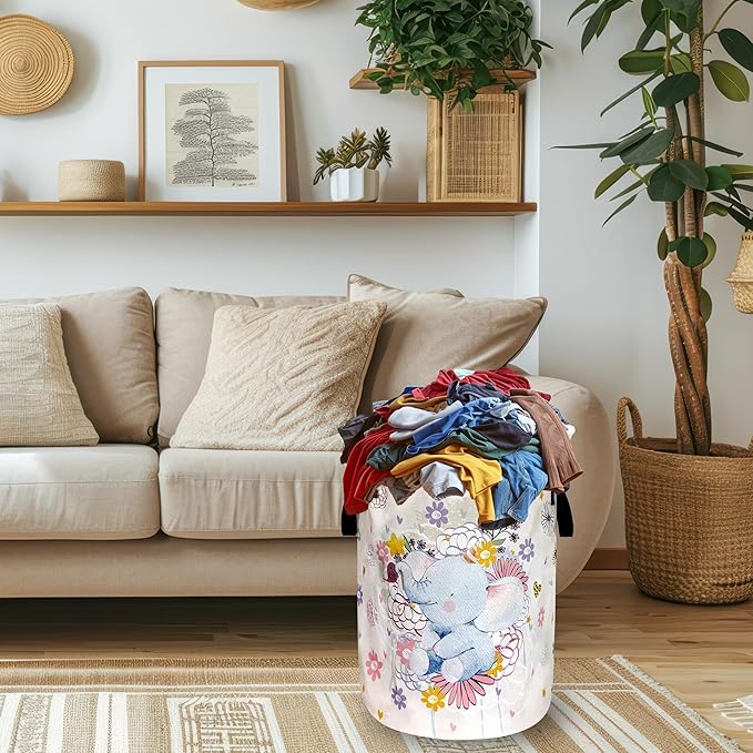Cute Elephant Laundry Basket Oxford Cloth Colorful Flowers Animal Laundry Hamper With Handle Portable Clothes Storage Basket Foldable Funny Laundry Bag 18.9"x16.5" For Laundry Room/Bedroom/Bathrooms