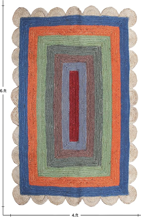 Scalloped Edge Rug, Hand Woven Natural Jute Area Rug, 10x14 Ft Beige & Multicolor Braided Sisal Kilim Rugs for Living Room, Kitchen, Entryway, Farmhouse