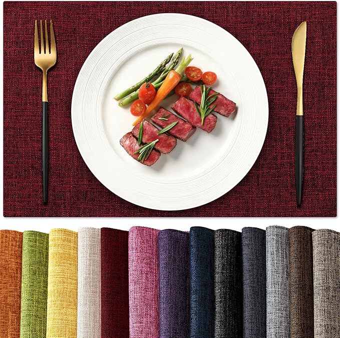 KXN Placemats Set of 6, Dual-Layer Thickened Faux Linen Table Mats, Heat Resistant & Wrinkle-Free, Machine Washable Cloth Place Mats for Kitchen Dining Indoor Outdoor (Red)