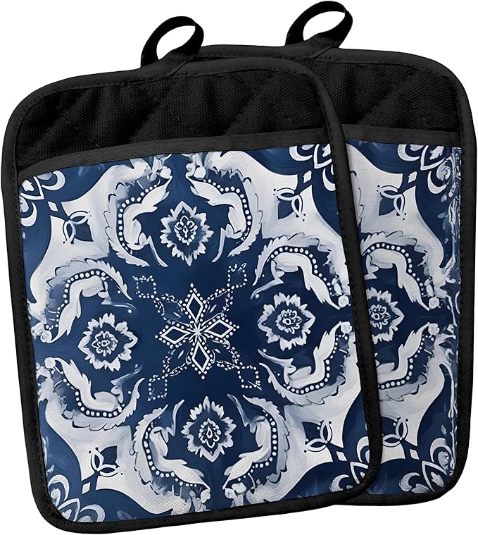 Blue and White Chinoiserie Floral Pot Holders with Pockets, Blue Floral Pot Holders Heat Resistant Oven Mitts Hot Pads for Kitchen Baking Cooking,Potholders for Kitchens