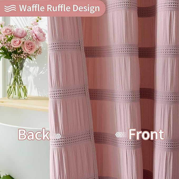 Lameirose Extra Long Pink Shower Curtain Farmhouse,72 x 96 Cotton Blend Waffle Tufted Striped Chic Textured Fabric Shower Curtain for Bathroom, Hotel, Washable