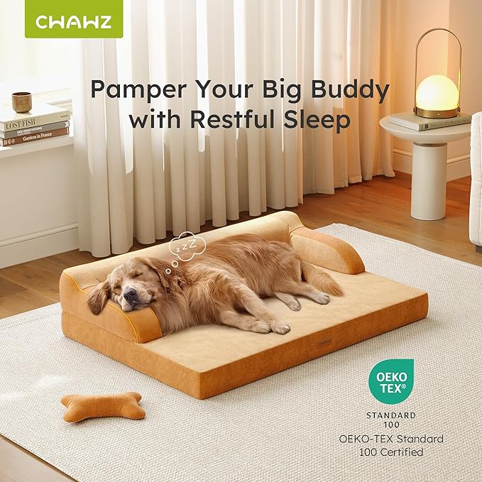 CWAWZ XL Plus Orthopedic Dog Bed, Big Dog Bed for Large Sized Dogs, Dual-Sided Pet Cooling Beds with Memory Foam Washable Cover Nonslip Bottom, Waterproof Pet Couch with Bolster, Brown