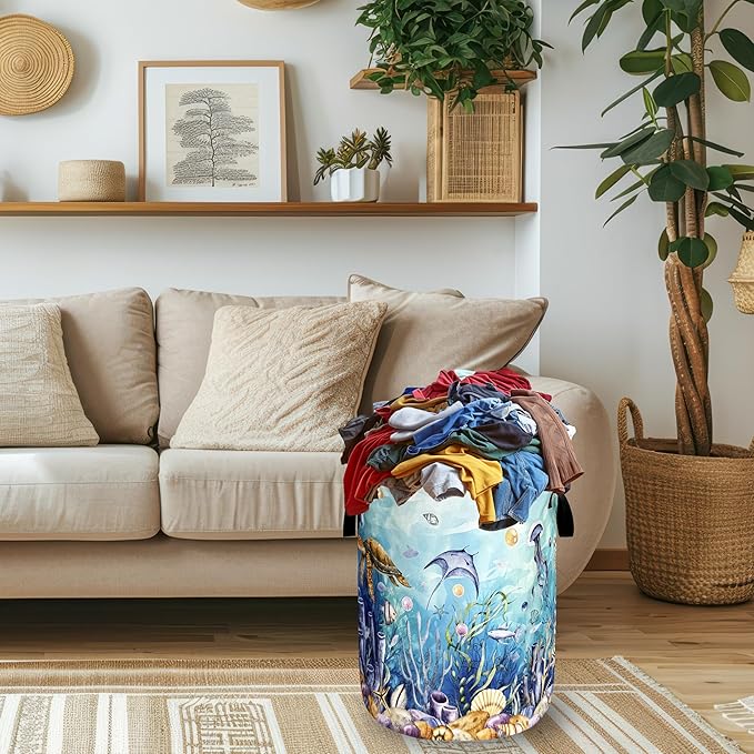 Sea Turtle Laundry Basket Oxford Cloth Ocean Animals Fish Coral Laundry Hamper With Handle Portable Clothes Storage Basket Foldable Turtles Laundry Bag 18.9"x16.5" For Laundry Room/Bedroom/Bathrooms