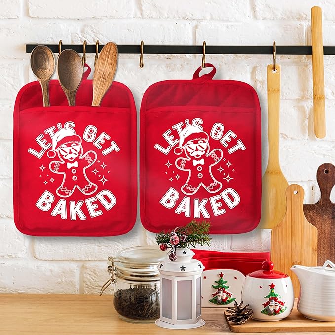 Funny Gingerbread Christmas Baker Pot Holders with Pockets, Let's Get Baked Christmas Gingerbread Man Oven Pot Holders Heat Resistant Oven Mitts Hot Pads for Kitchen Baking Cooking