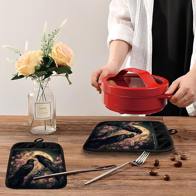 Moody Moonlit Gothic Raven Pot Holders with Pockets, Dark Academia Halloween Crow Cherry Blossom Oven Pot Holders Heat Resistant Oven Mitts Hot Pads for Kitchen Baking Cooking