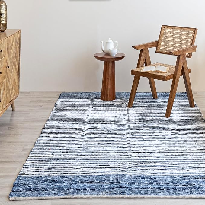 HOMEMONDE Denim Rag Rug 3'x5' Blue Recycled Soft Cotton Chindi Hand Crafted Reversible Boho Rugs for Bedroom, Living Room, Kitchen, Entyrway