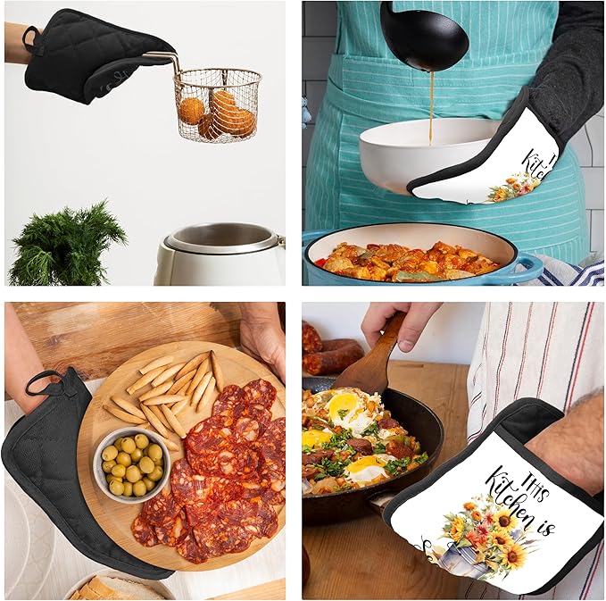 This Kitchen is Seasoned with Love Pot Holders with Pockets, Spring Floral Buckets Pot Holders Heat Resistant Oven Mitts Hot Pads for Kitchen Baking Cooking,Potholders for Kitchens