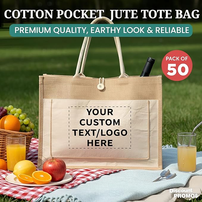 DISCOUNT PROMOS Custom Jute Tote Bags with Cotton Pocket Set of 50, Personalized Bulk Pack - Reusable, Great for Picnic, Camping, Beach, Outdoor Activities - Natural