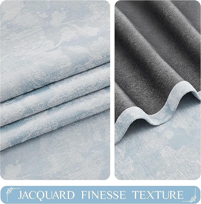 Beauoop Blue Floral Jacquard Blackout Curtains 63 Inches Long 2 Panels for Bedroom Living Room Chenille Flower Room Darkening Thermal Insulated Soundproof Rod Pocket Back Tab Window Drapes, 52x63