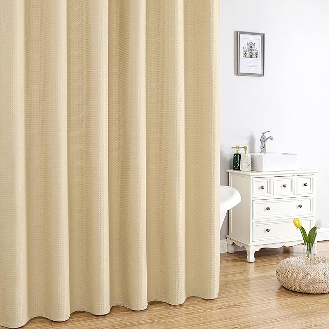 MISS SELECTEX Matt Waffle Thick Cloth Shower Curtain for Bathroom,Waterproof 230GSM Durable Fabric Hotel Shower Curtain, Machine Washable Shower Curtain,Spa Luxury Bath Curtain (72Wx84H, Linen)