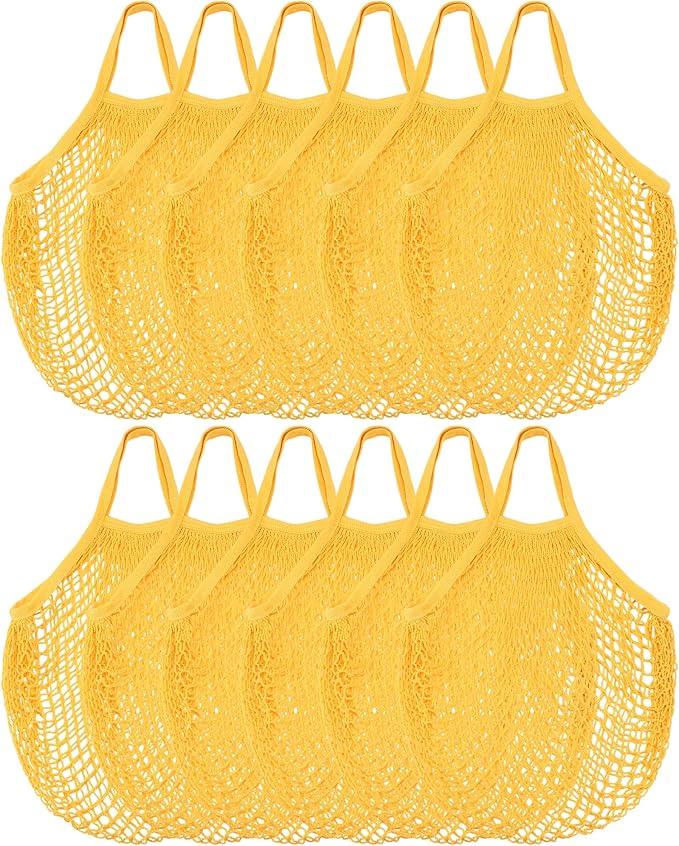 Eccliy 12 Pcs Reusable Mesh Grocery Bags Portable Cotton Produce Containers Washable Net Mesh Tote Bag Handle String Shopping(Yellow)