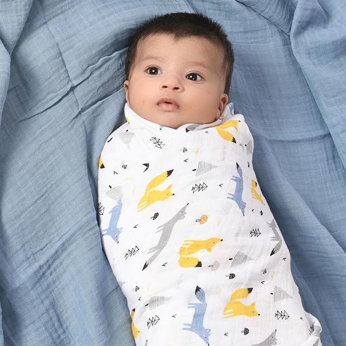 Featherhead™ 100% Cotton Muslin Swaddle Blankets for Baby Boy - Large 47”x 47” - Pre-Washed, Soft, & Breathable - Newborn Essential & Perfect Baby Registry Gift (2 Pack - Blue Foxes)