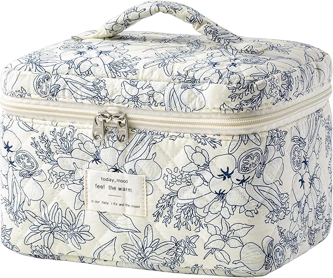 HBselect Christmas Gifts Large Quilted Makeup Bag, Cute Cotton Travel Makeup Bag with Handle, Portable Coquette Floral Make up Bags, Toiletry Organizer Make up Bags for Women Teen Girls Mom