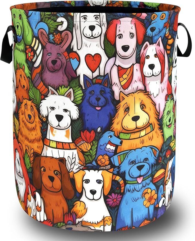 Colorful Dogs Pattern Laundry Hamper Foldable Oxford Cloth Funny Animal Dog Laundry Basket With Handle Portable Clothes Storage Basket Laundry Bag 18.9"x16.5" For Laundry Room/Bedroom/Bathrooms