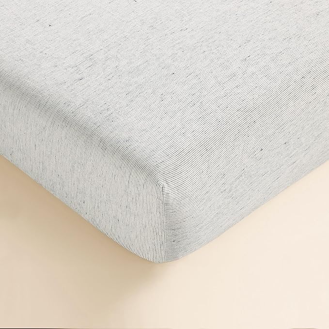 Sijo Stone Washed Organic French Linen Bed Sheet Set, GOTS Certified Organic, Best Cooling Linen Sheet Award by Sleep Foundation, 3 Piece - 2 Pillowcases and 1 Fitted Sheet (Pinstripe, Queen)