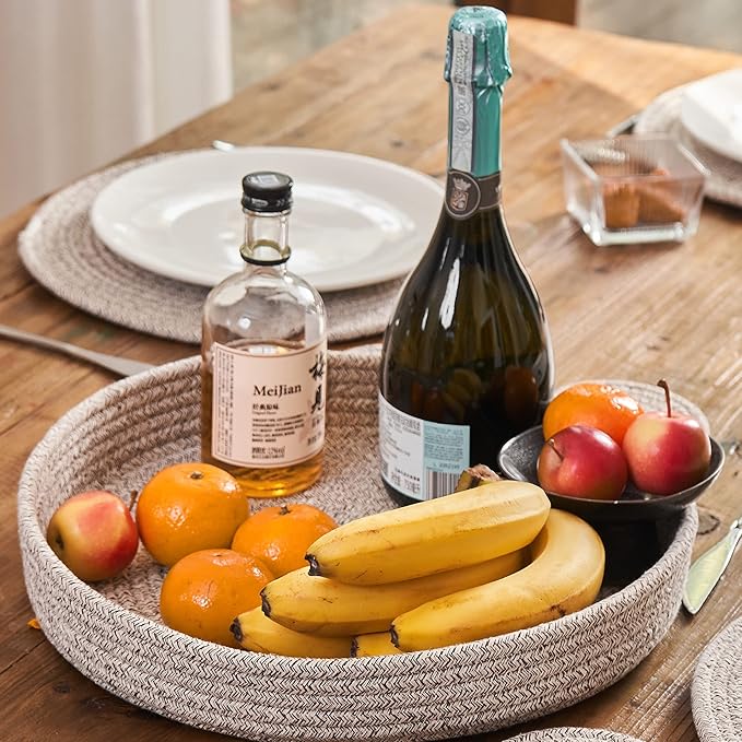Art PineCone's Woven Cotton Rope Round Placemats Set of 4 with Holder Included, Non-Slip, and Heat Resistant Shabby Chic Placemats (Taupe Mix, 13 inch)