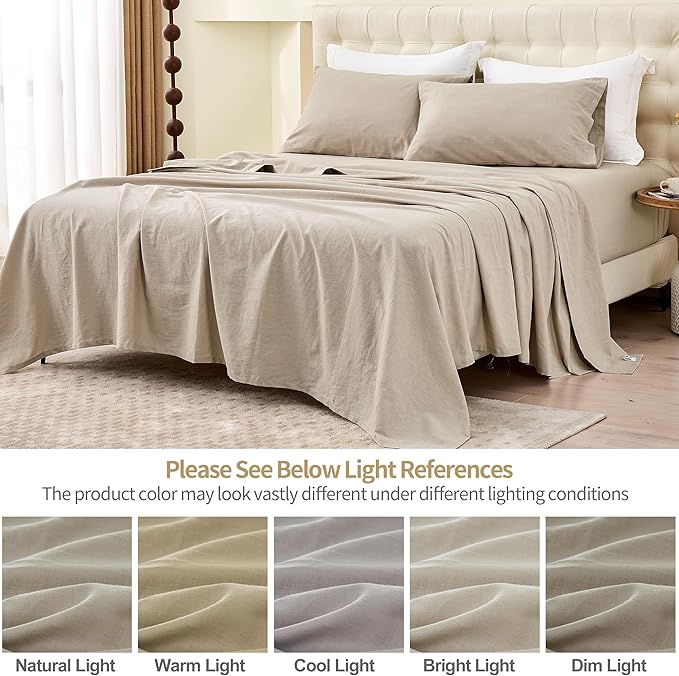 Simple&Opulence Belgian Linen Sheet Set Solid Color - 4 Pieces (1 Flat Sheet & 1 Fitted Sheet & 2 Pillowcases) Natural Flax Cotton Blend Soft Bedding Breathable Farmhouse - Khaki, King Size