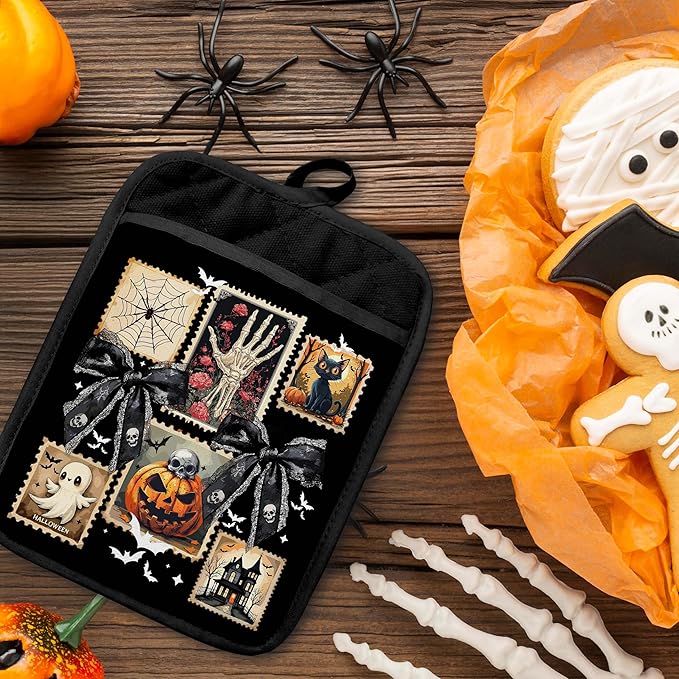Dark Coquette Bow Halloween Pot Holders with Pockets, Spooky Skeleton Black Cat Pumpkin Ghost Halloween Oven Pot Holders Heat Resistant Oven Mitts Hot Pads for Kitchen Baking Cooking