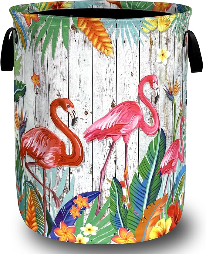 Pink Flamingo Laundry Basket Oxford Cloth Tropical Flowers Laundry Hamper With Handle Portable Clothes Storage Basket Foldable Laundry Bag 18.9"x16.5" For Laundry Room/Bedroom/Bathrooms
