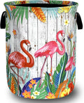 Pink Flamingo Laundry Basket Oxford Cloth Tropical Flowers Laundry Hamper With Handle Portable Clothes Storage Basket Foldable Laundry Bag 18.9"x16.5" For Laundry Room/Bedroom/Bathrooms