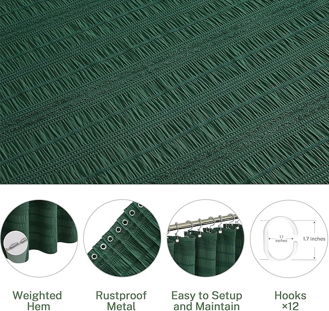 Siiluminisoy Extra Long Dark Green Boho Shower Curtain 72 x84 Cotton Blend Tufted Fabric Waffle Textured Farmhouse Shabby Chic Rustic Minimalist Striped for Bathroom, Hotel