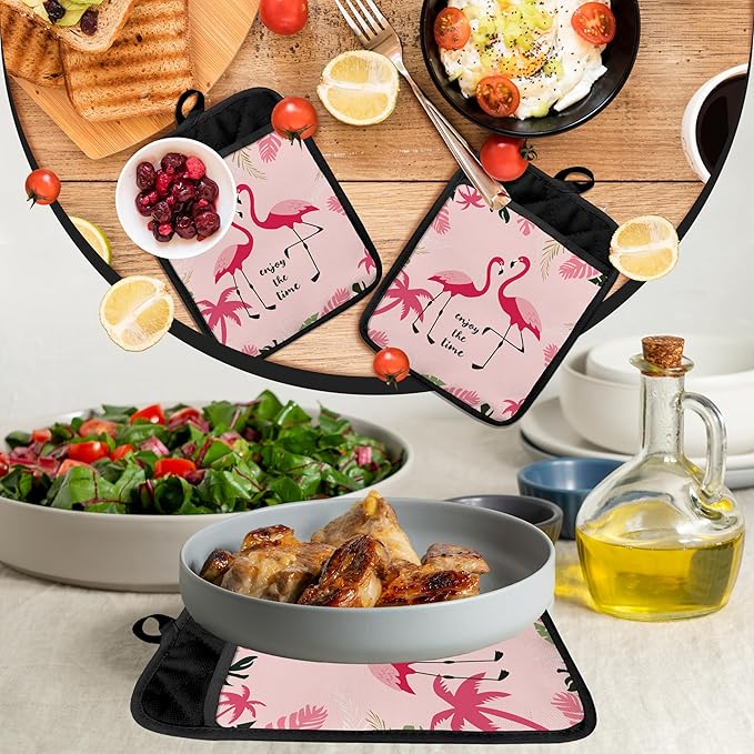 Pink Flamingo Pot Holders with Pockets, Tropical Flamingo Enjoy The Time Pot Holders Heat Resistant Oven Mitts Hot Pads for Kitchen Baking Cooking