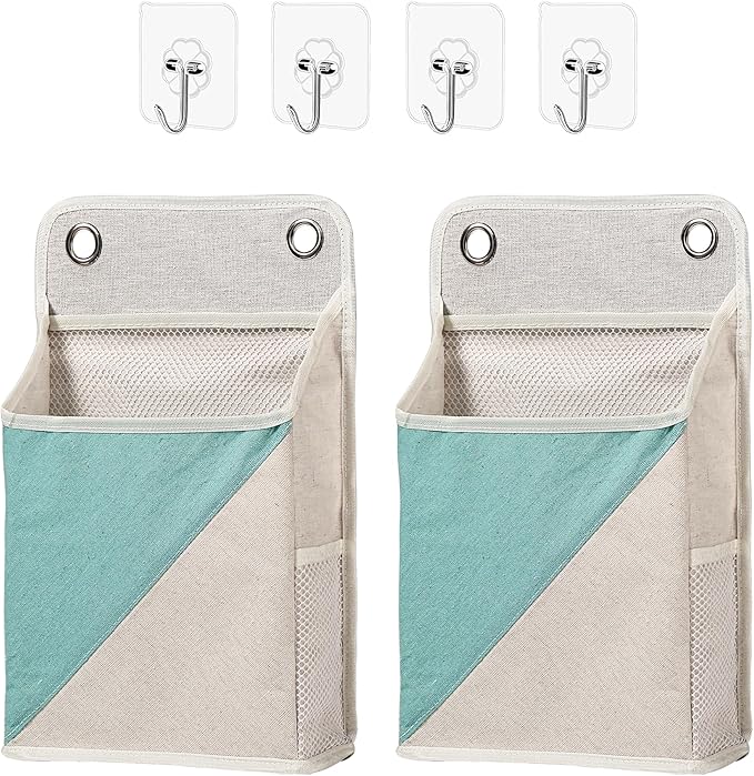 Someteth 2pcs Wall Hanging Storage Organizer Bag, Hanging Baskets with Pockets for Wall organizing, Storage Hanging Bag for Bedroom, Dormitory, Study Room, Bathroom(Green/White)