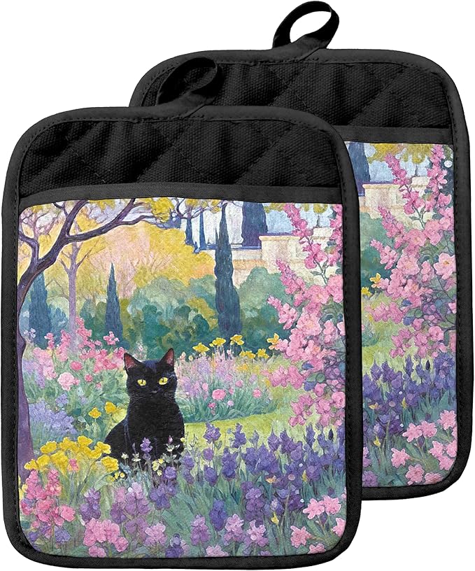 Black Cat Floral Garden Pot Holders with Pockets, Cottagecore Kitchen Decor, Fantasy Wildflower Botanical Oven Pot Holders Heat Resistant Oven Mitts Hot Pads for Kitchen Baking Cooking