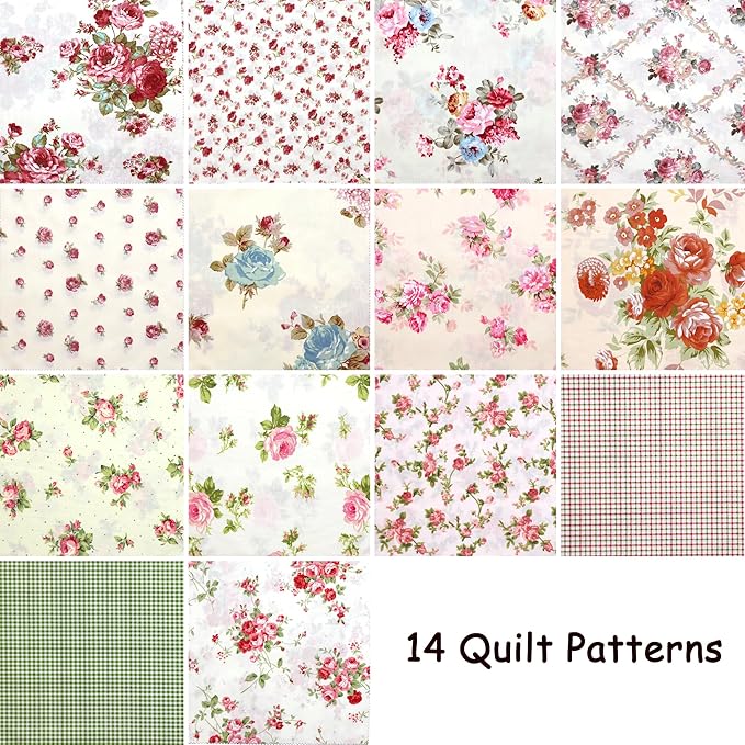 Hanjunzhao 14 Pcs Plaid Vintage Floral Print Fabric Fat Quarters Bundles 18 x 22 Inch Rose Flowers Sewing Fabrics for Quilting - Holiday DIY Craft Party Decor -Vintage Floral