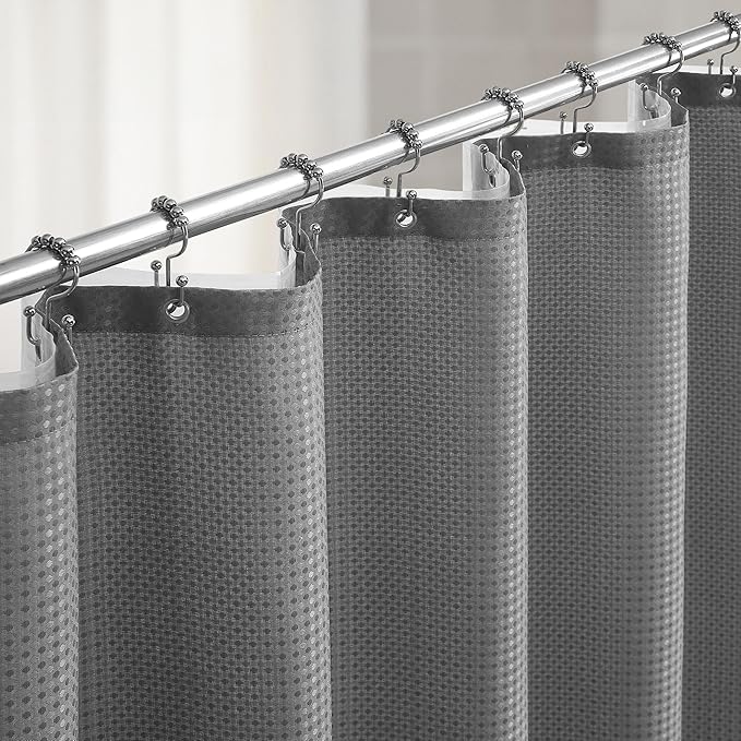 Lameirose 3 in 1 Shower Curtain Set, Waffle Shower Curtain and Liner Set with 12 Double Sided Shower Curtain Hooks, 72 x 84 Fabric Shower Curtains for Bathroom, Grey