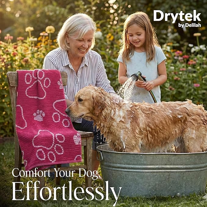 Delilah Home Drytek Dog Towel, Faster Drying, Ultra Absorbent & Odor-Resistant Dog Drying Towel Made from Recycled Bottles, Large 30x54, Quick-Dry & Sand-Resistant for Bath, Beach & Travel (Pink)