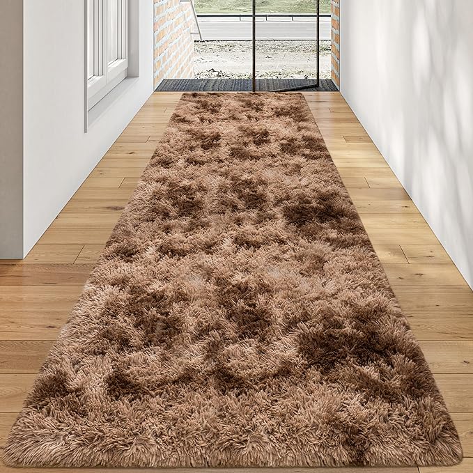 3x10 ft Plush High Pile Brown Tie Dyed Rug Fluffy Soft Runner Bedside Rug for Bedroom Living Room Hallway Nursery Kids Home Decor Shag Carpet