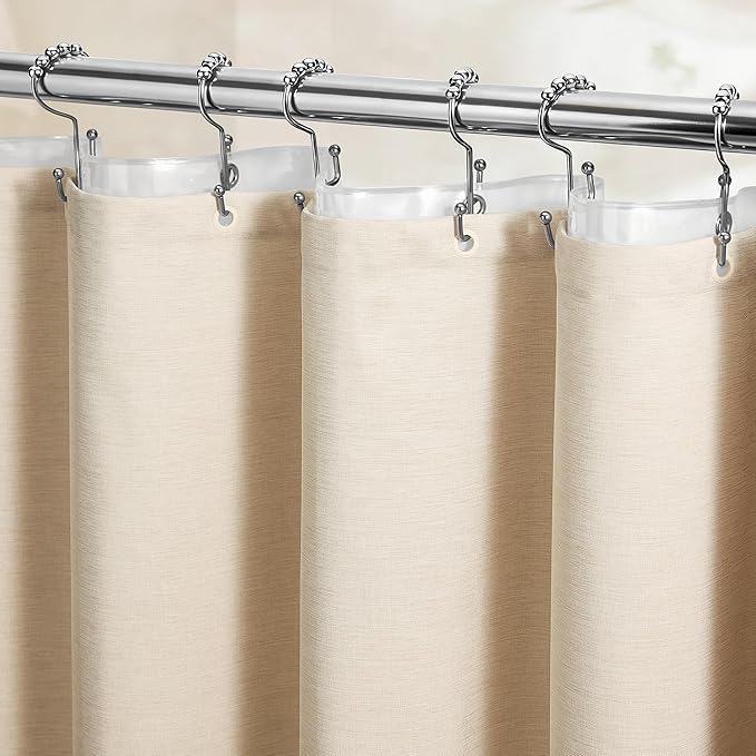 BTTN Stall 3 in 1 Shower Curtain Set, Small Linen Textured Fabric Shower Curtain and Clear Liner Set with 6 Hook, Half Modern Hotel Luxury Waterproof Shower Curtain for Bathroom, Cream/Beige, 36x72