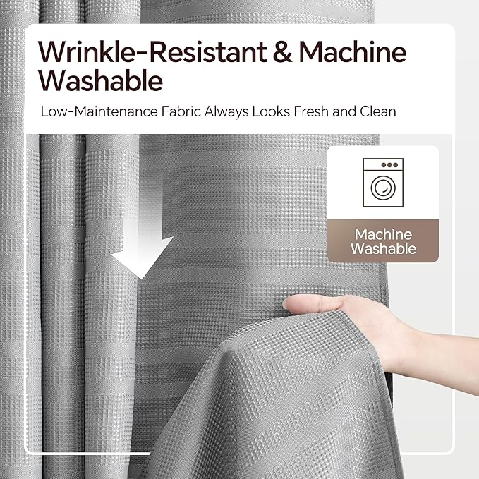 TURKIO Grey Shower Curtain Waffle Weave Shower Curtain Gray Striped Fabric Shower Curtains for Bathroom (72Wx72H, Gray)