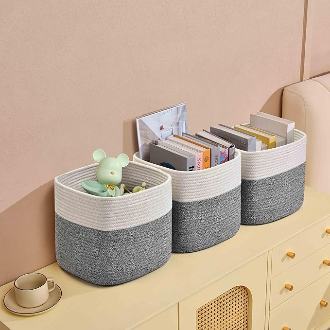 Gocjuaza 3 Pack Storage Cubes 11 Inch Cotton Rope Woven Baskets for Organizing Cube Bin Square Shelves Organizer,Classroom,Kids Toy Bins,Closet,Baby Nursery(Grey)