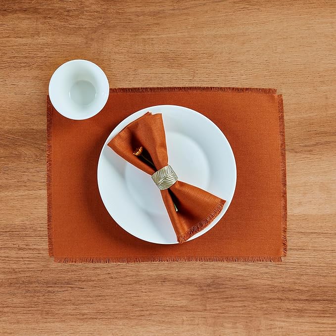 Solino Home Fringe Linen Napkins Set of 4-100% Pure Linen Cinnamon Dinner Napkins 20 x 20 Inch - Handcrafted and Machine Washable