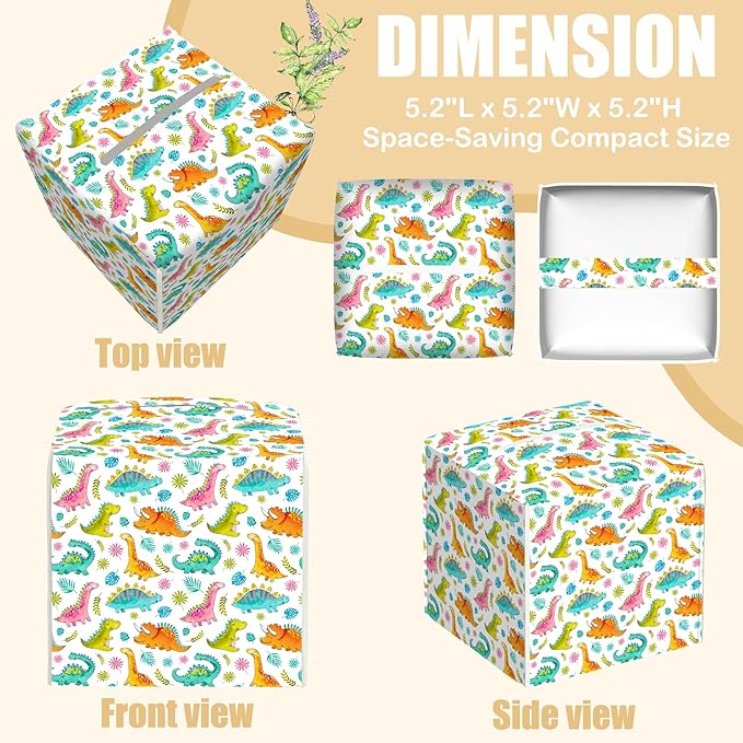 BLYKVGHQ Leather Tissue Box Holder Cartoon Dinosaurs Tissue Box Cover Facial Paper Case Organizer Cube Napkin Dispenser for Bathroom Vanity Countertop Night Stand Office Car