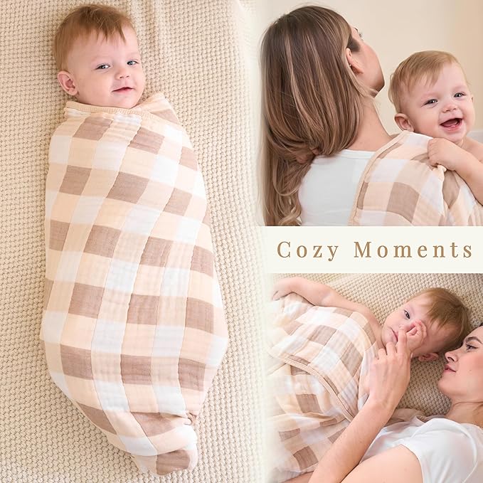 HardNok Ultra Soft Muslin Baby Blanket Made with Organic Cotton - Neutral Earth Tone Checkered Swaddle & Nursery Quilt, 43x43 (Beige-Coffee Checkered)