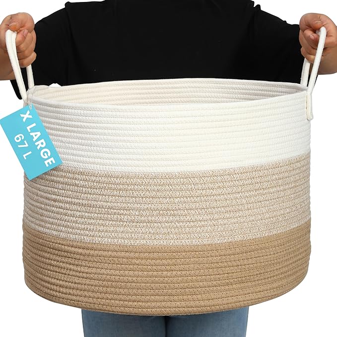 OrganiHaus Large Woven Storage Basket for Blankets and Toys 20" x 13" Inch, Rope Laundry Basket with Handles, Cushions & Pillows Storage Bin, Nursery Hamper, Soft Round Dog Toy Bin - Honey