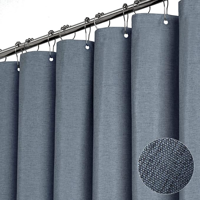 BTTN Extra Wide Shower Curtain - 108 x 72 Inch Linen Textured Waterproof Fabric Shower Curtain Set with 18 Plastic Hooks, Simple Wrap Around Cloth Shower Curtains for Bathroom and Bathtub - Blue Gray