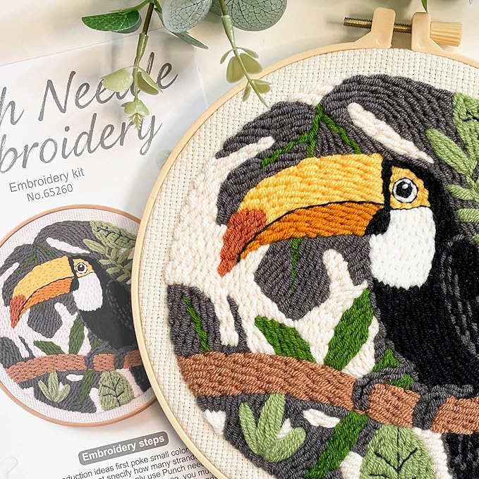 Myfelicity Punch Needle Embroidery Kit, Beginner Craft Set with Animal Pattern Design, 7.9 Inch Hoop (Toucan)
