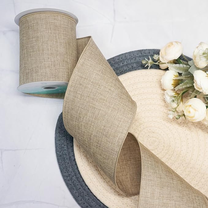 CT CRAFT LLC Burlap Fabric Wired Ribbon 4 Inch x 10 Yards Natural Color for Christmas Home Wedding Decor Gift Wrapping Tree Topper Bow Wreath Bouquet DIY Crafts