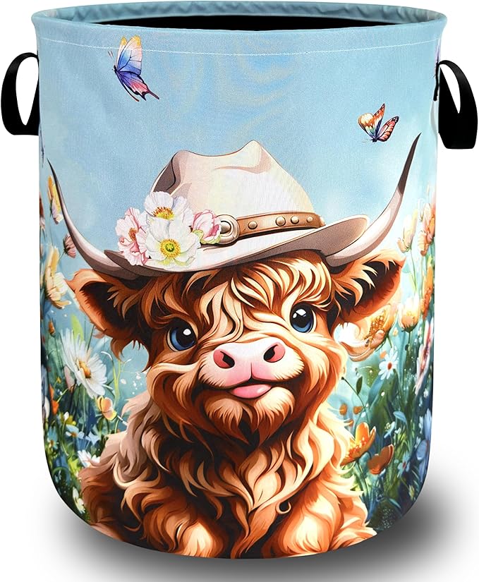 Cute Highland Cattle Laundry Hamper Foldable Oxford Cloth Animal Floral Cows Laundry Basket With Handle Portable Clothes Storage Basket Laundry Bag 18.9"x16.5" For Laundry Room/Bedroom/Bathrooms