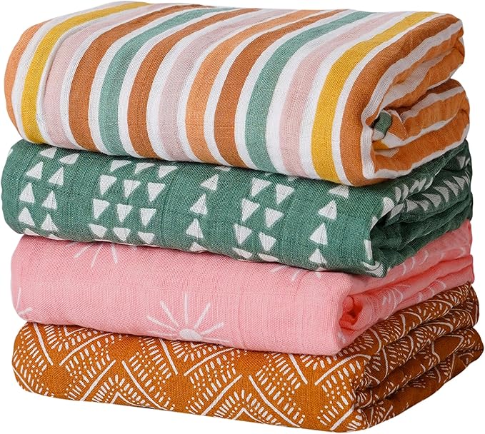 CoolaPeach 4 Set Muslin Swaddle Blankets for Newborn Baby Boys, Girls,Receiving Blankets-Cute Soft Print Baby Towel Wrap 120x110cm Baby(Leaf)