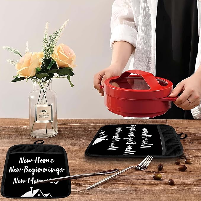 New Home Gifts Pot Holders with Pockets, Housewarming Gifts for Women Men, New Home Beginnings Memories Oven Pot Holders Heat Resistant Oven Mitts Hot Pads for Kitchen Baking Cooking