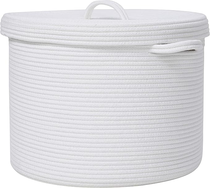Cottonphant 16" x 16" x 13" Medium Storage Basket with Lid, Cotton Rope Storage Baskets, Laundry Hamper, Cloth Bin, for Clothes Blankets Pillows Storage in Living Room, Full White with Cover
