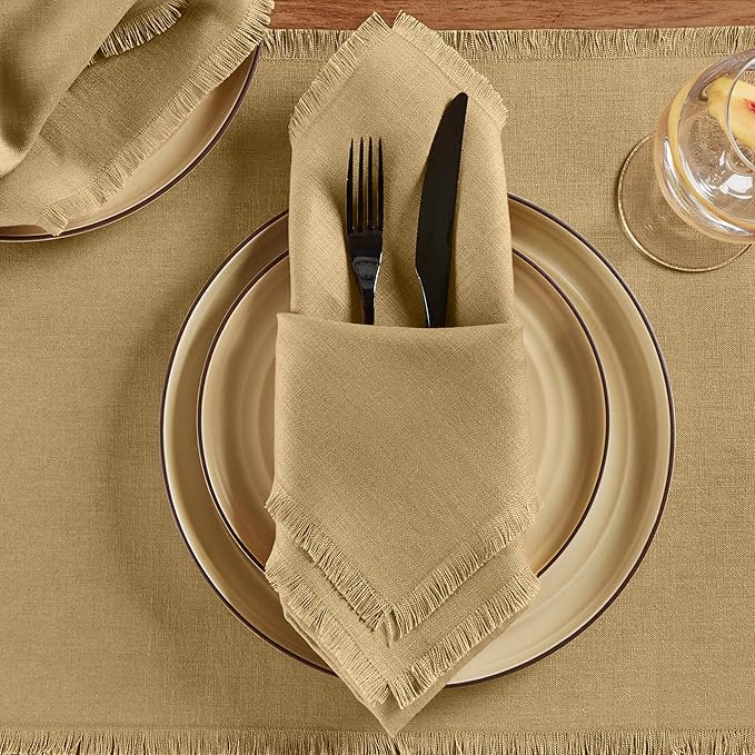 Solino Home Fringe Linen Cloth Napkins Set of 4-100% Pure Linen Kelp Dinner Napkins 20 x 20 Inch for Spring - Handcrafted and Machine Washable