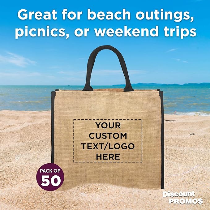 DISCOUNT PROMOS Custom Fresno Eco Friendly Jute Tote Bags Set of 50, Personalized Bulk Pack - Reusable, Great for Tradeshows, Grocery, Shopping and Outdoor Events - Black